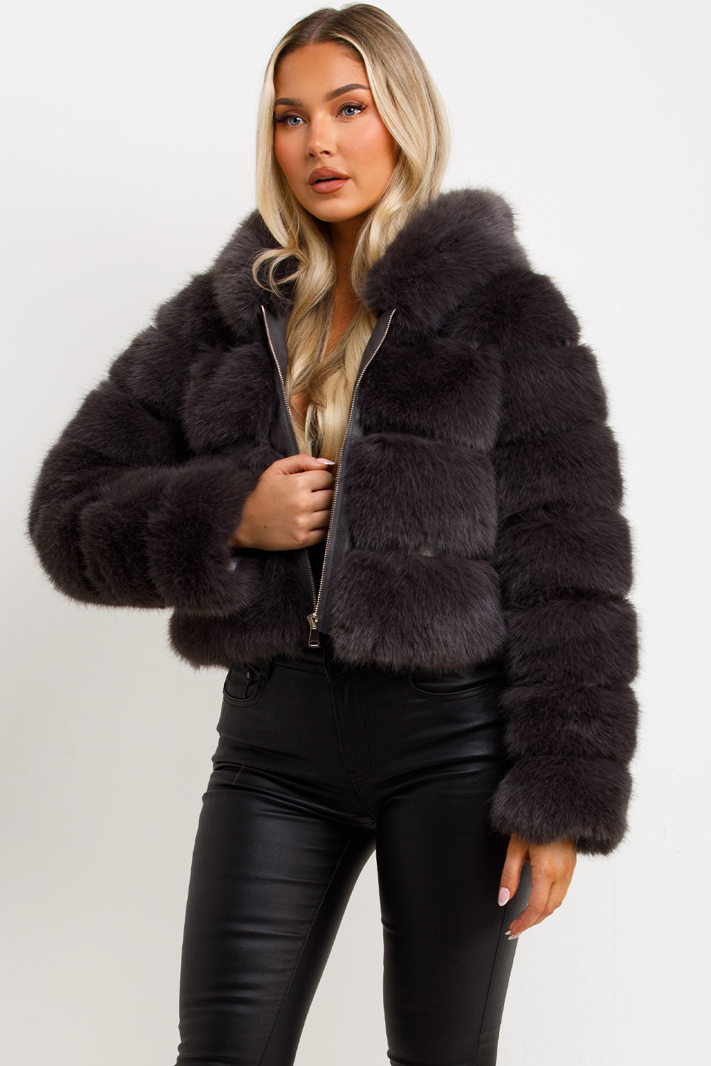 Faux Fur Coat with Hood Charcoal | Xtralitty