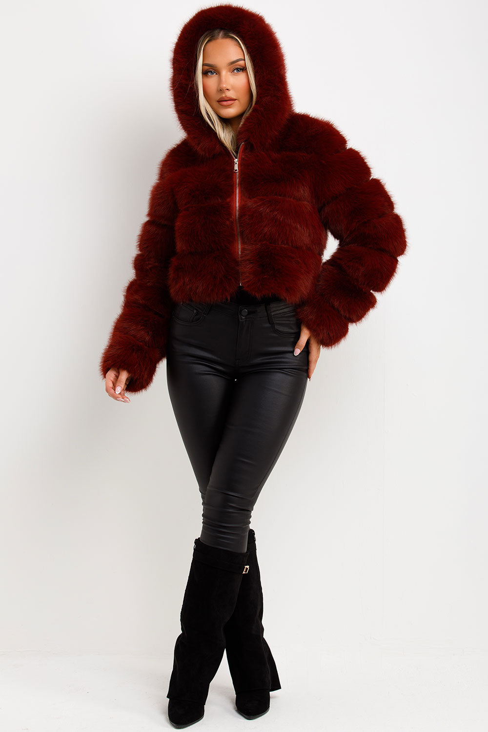 Faux Fur Coat with Hood Burgundy | Xtralitty