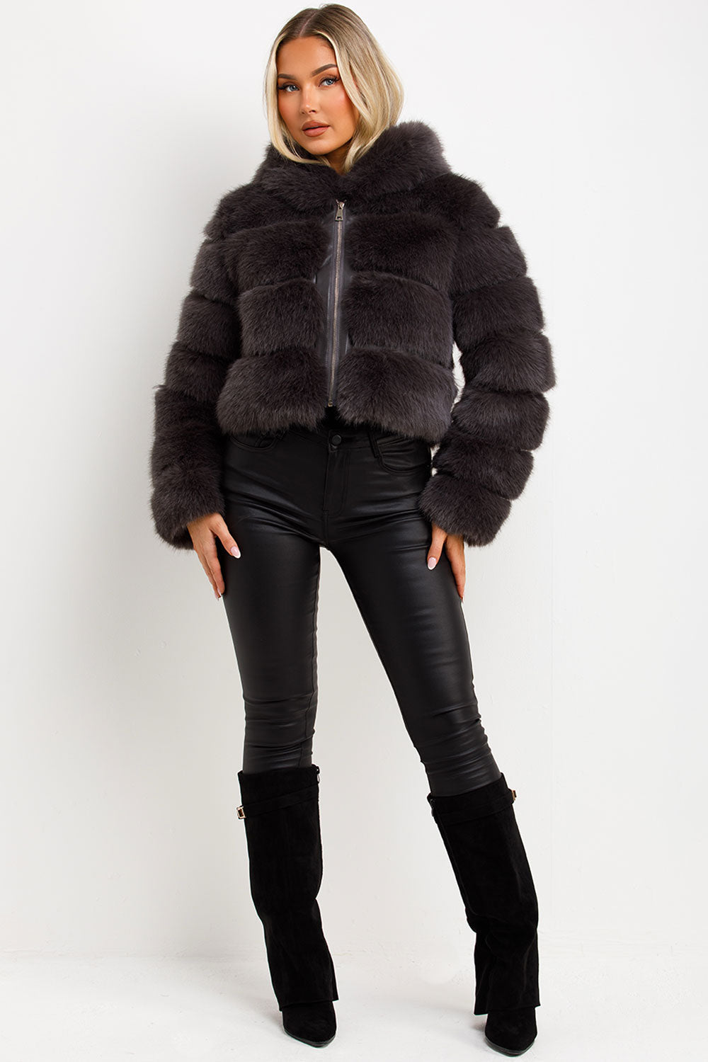 Faux Fur Coat with Hood Charcoal | Xtralitty