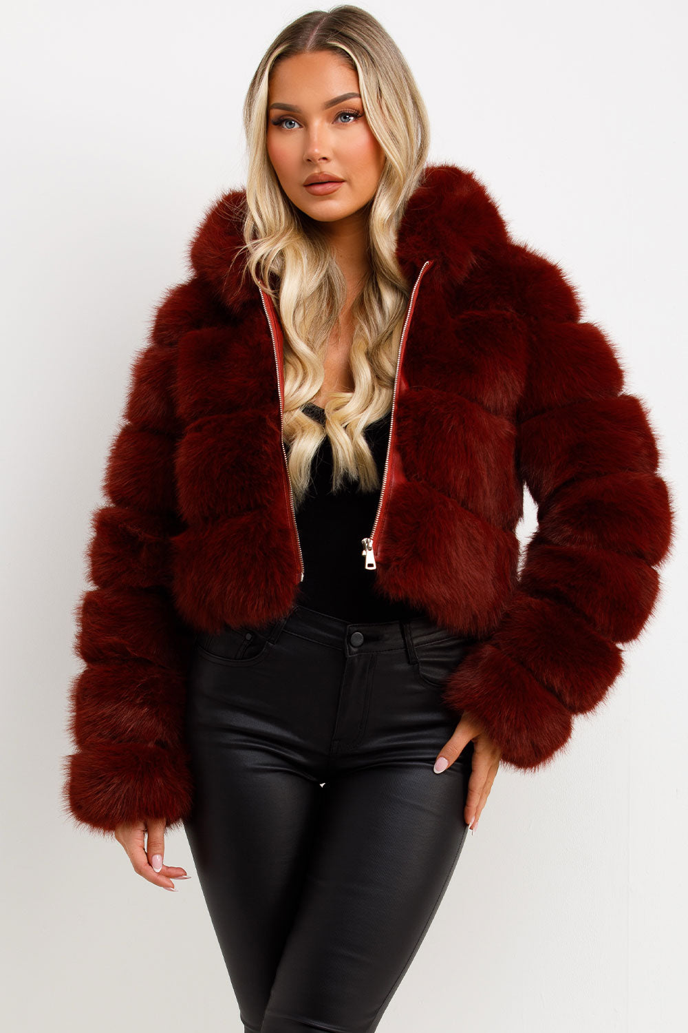 Faux Fur Coat with Hood Burgundy | Xtralitty