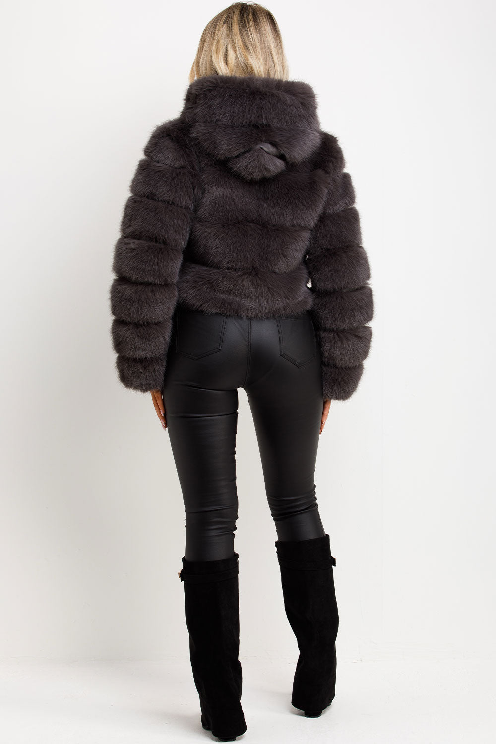 Faux Fur Coat with Hood Charcoal | Xtralitty