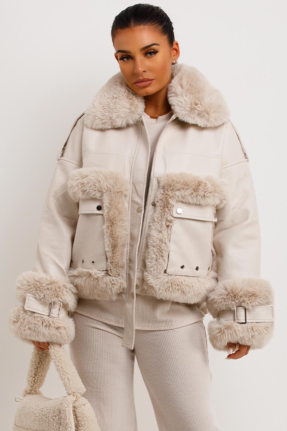Faux Fur Trim Faux Leather Jacket Beige | Xtralitty