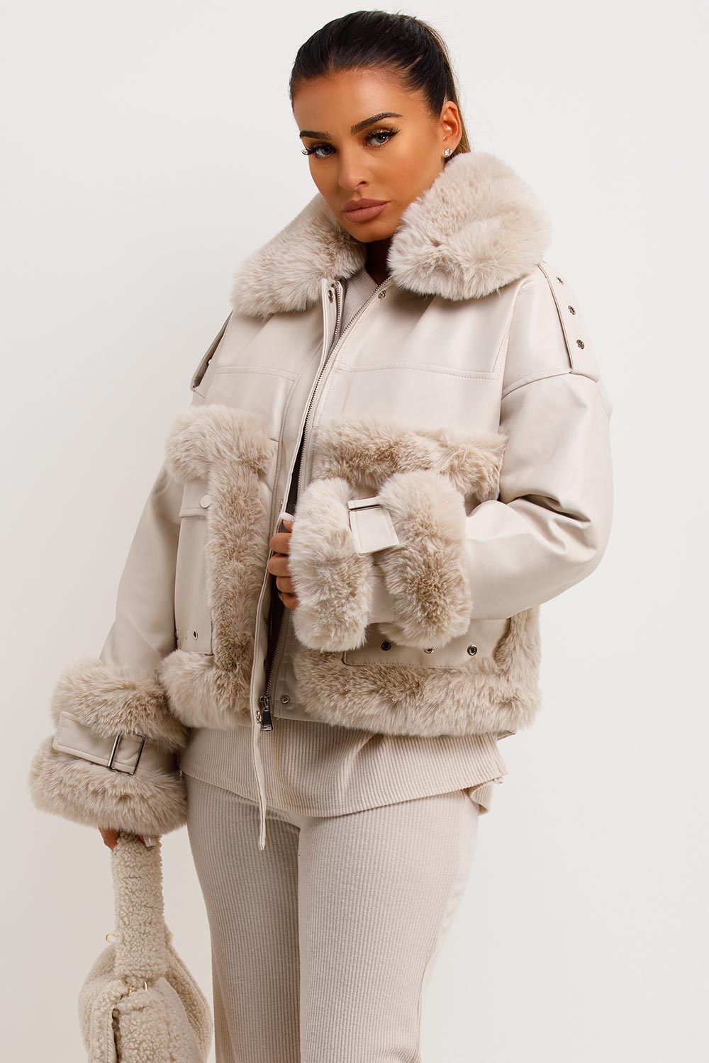 Faux Fur Trim Faux Leather Jacket Beige | Xtralitty