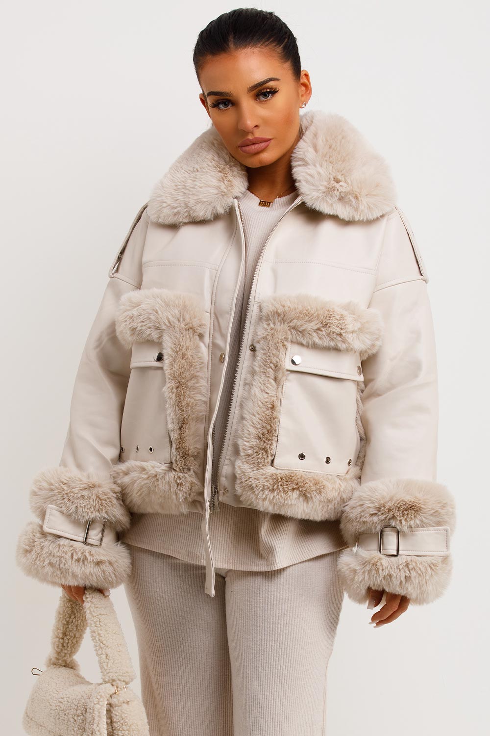Faux Fur Trim Faux Leather Jacket Beige | Xtralitty