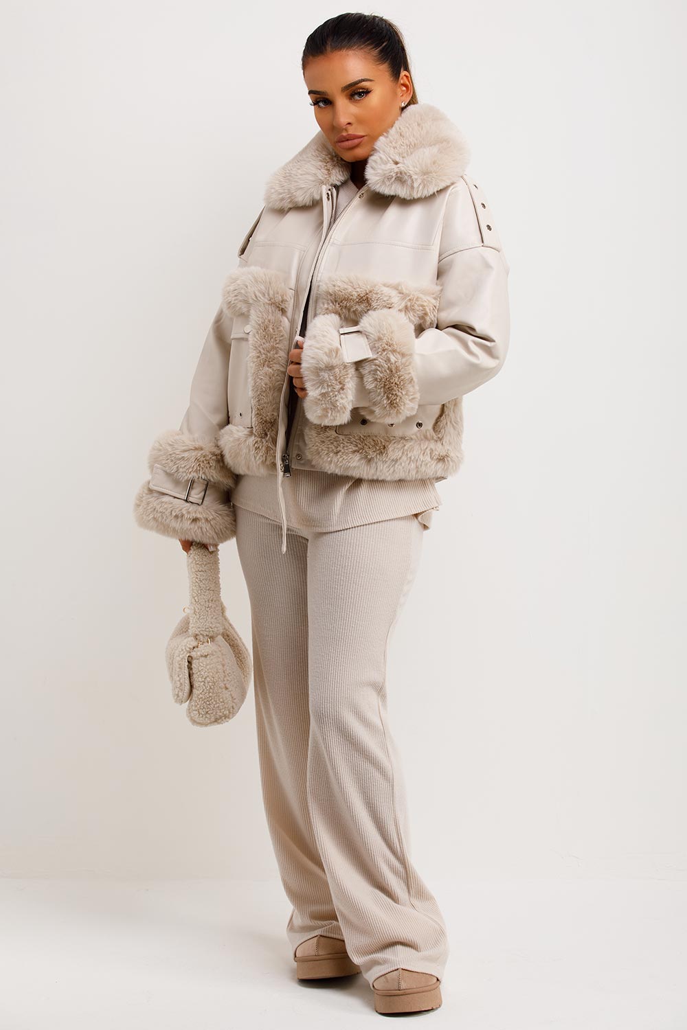 Faux Fur Trim Faux Leather Jacket Beige | Xtralitty
