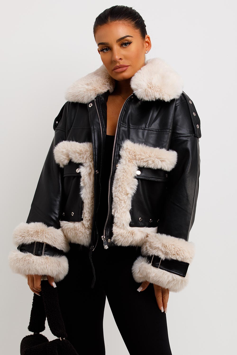 Faux Fur Trim Faux Leather Jacket Black | Xtralitty