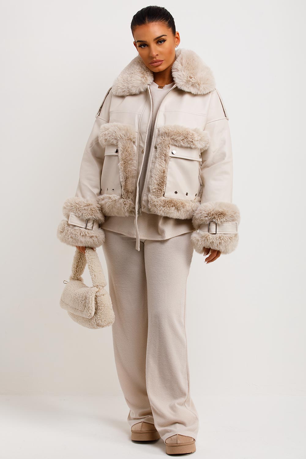 Faux Fur Trim Faux Leather Jacket Beige | Xtralitty