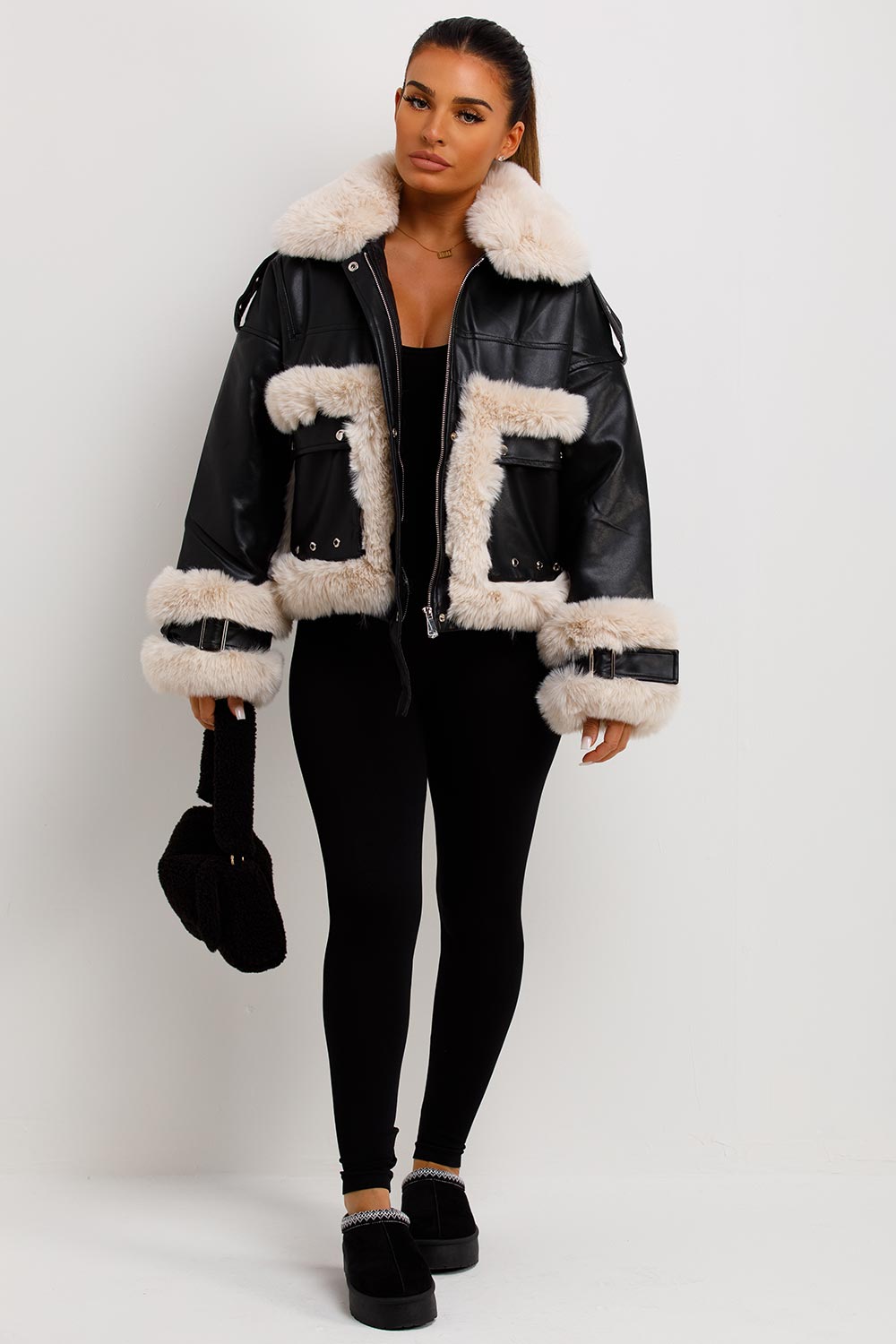 Faux Fur Trim Faux Leather Jacket Black | Xtralitty