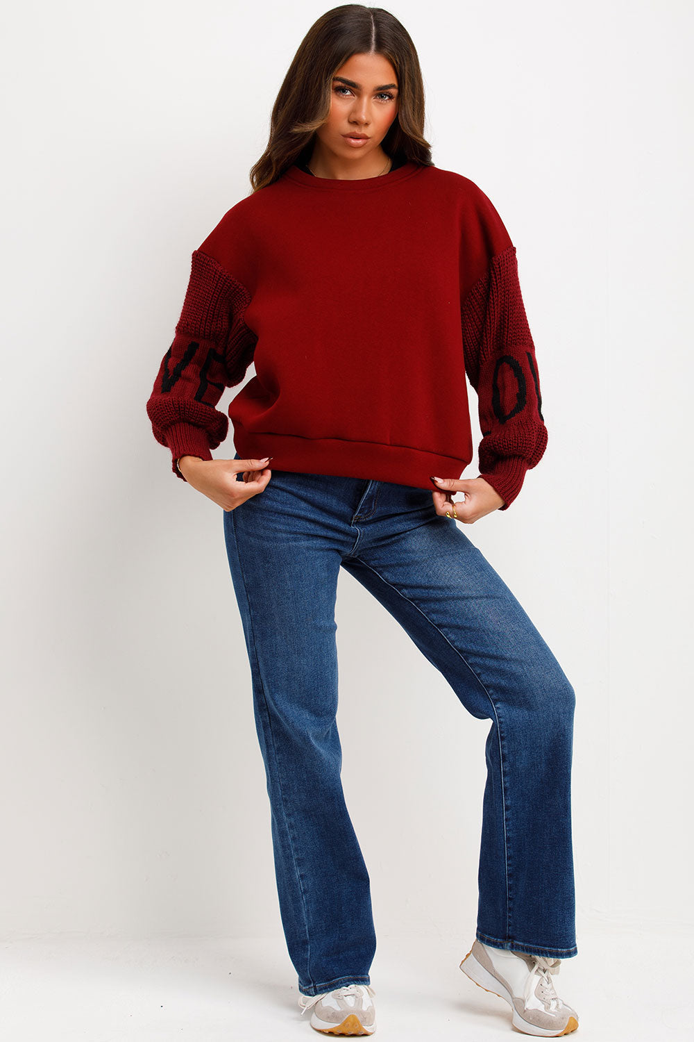Jumper with Knitted Sleeves Love Slogan Burgundy | Xtralitty