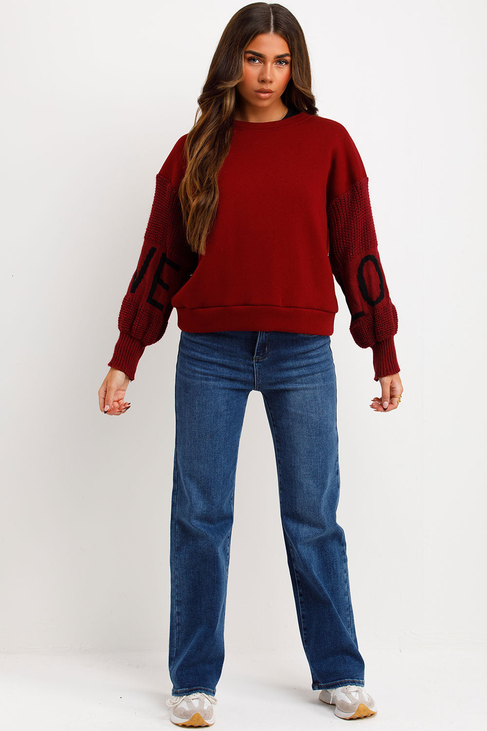 Jumper with Knitted Sleeves Love Slogan Burgundy | Xtralitty
