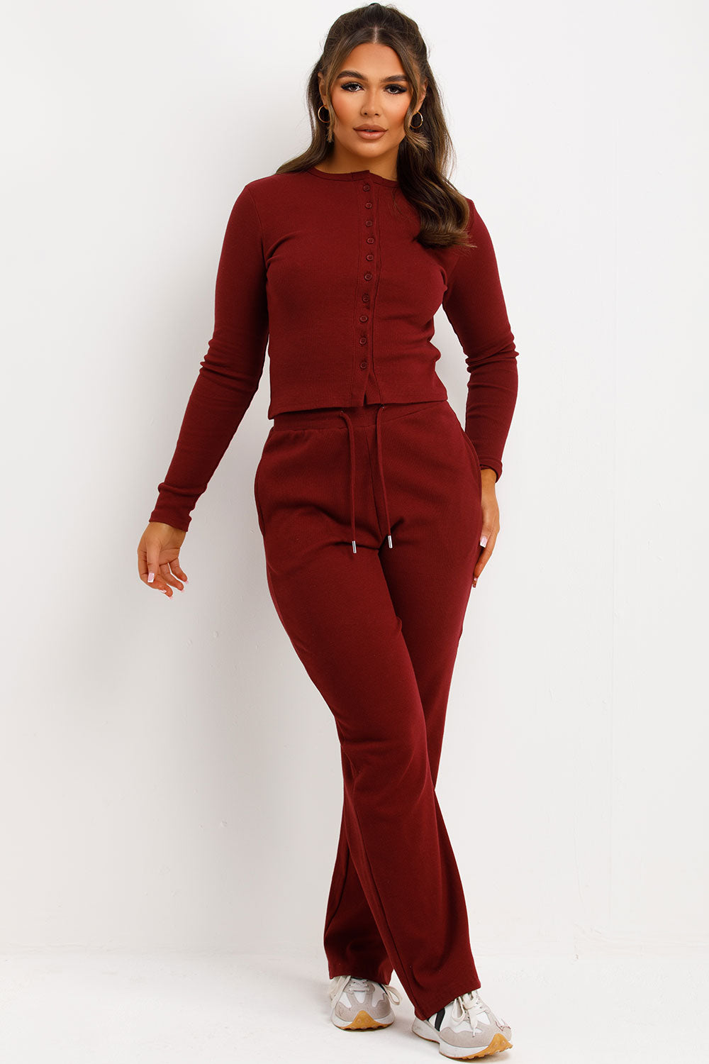 Rib Button Up Long Sleeve Top and Trouser Lounge | Xtralitty