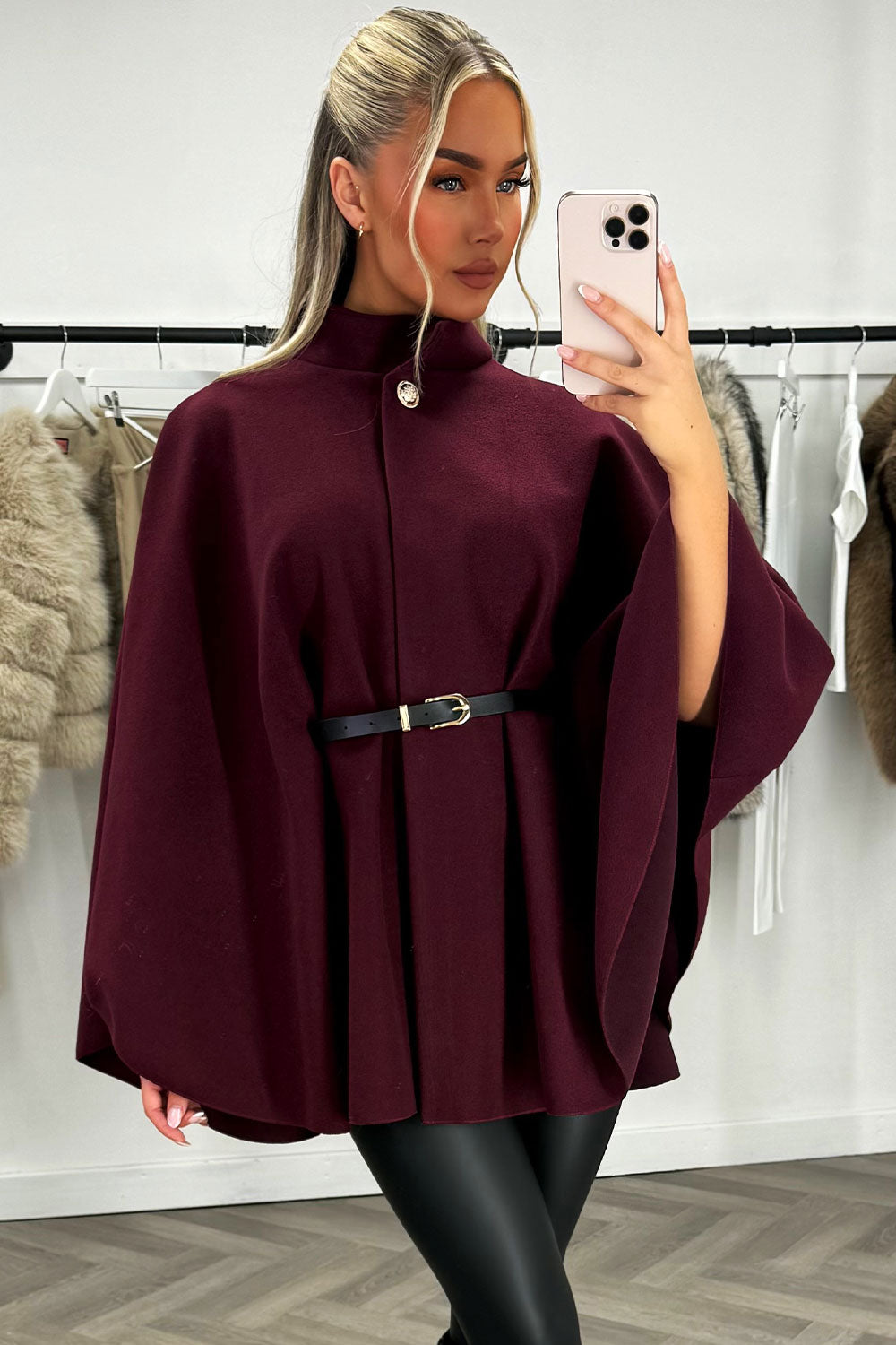 Cape with Belt and Button Burgundy Poncho | Xtralitty