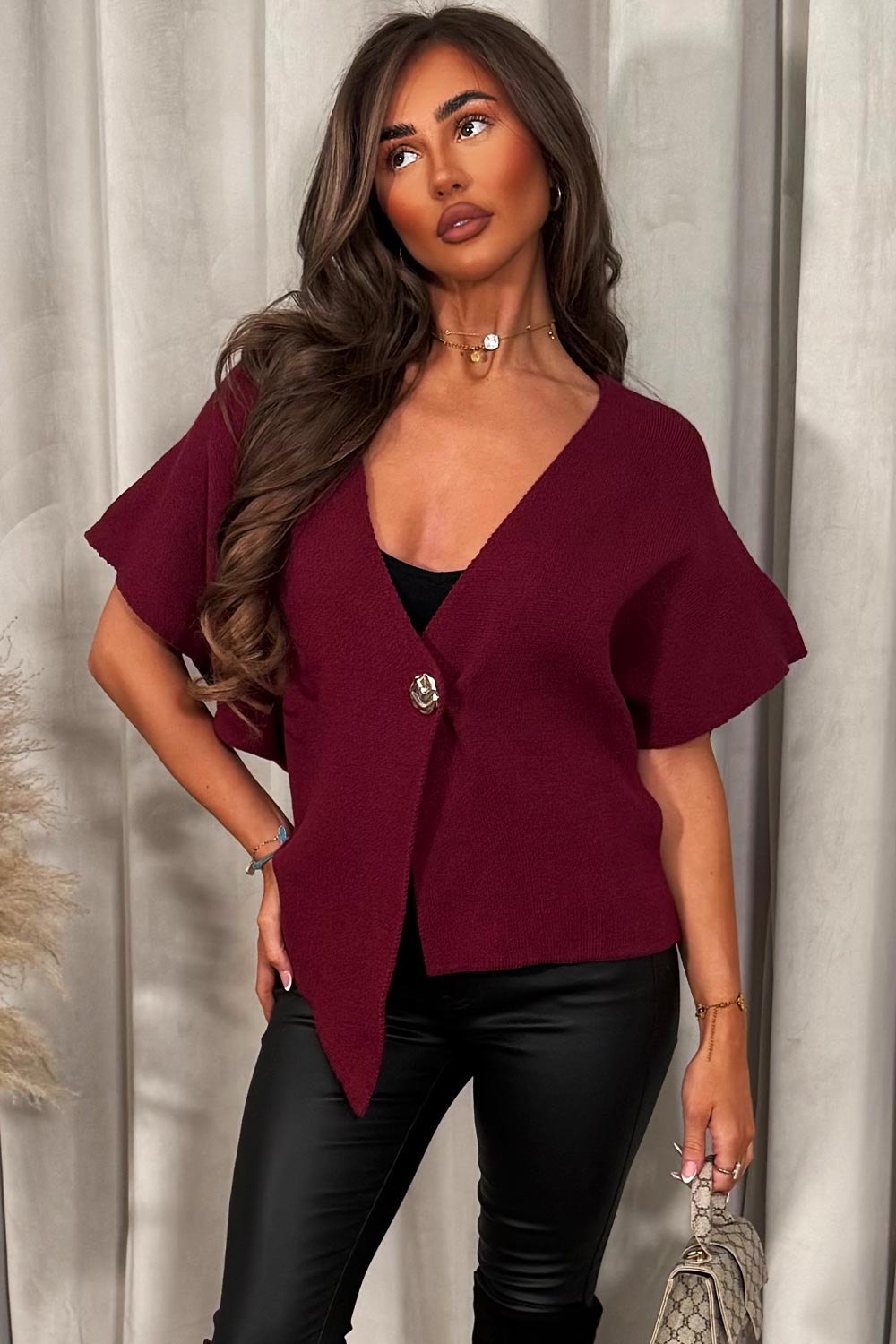Burgundy Cape Cardigan with Gold Button | Xtralitty