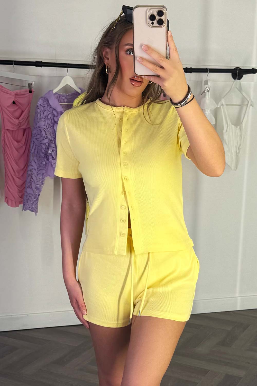 Rib Button Up Top and Shorts Tracksuit Set Yello | Xtralitty