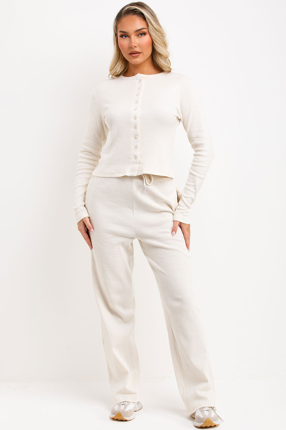 Rib Button Up Long Sleeve Top and Trouser Lounge | Xtralitty