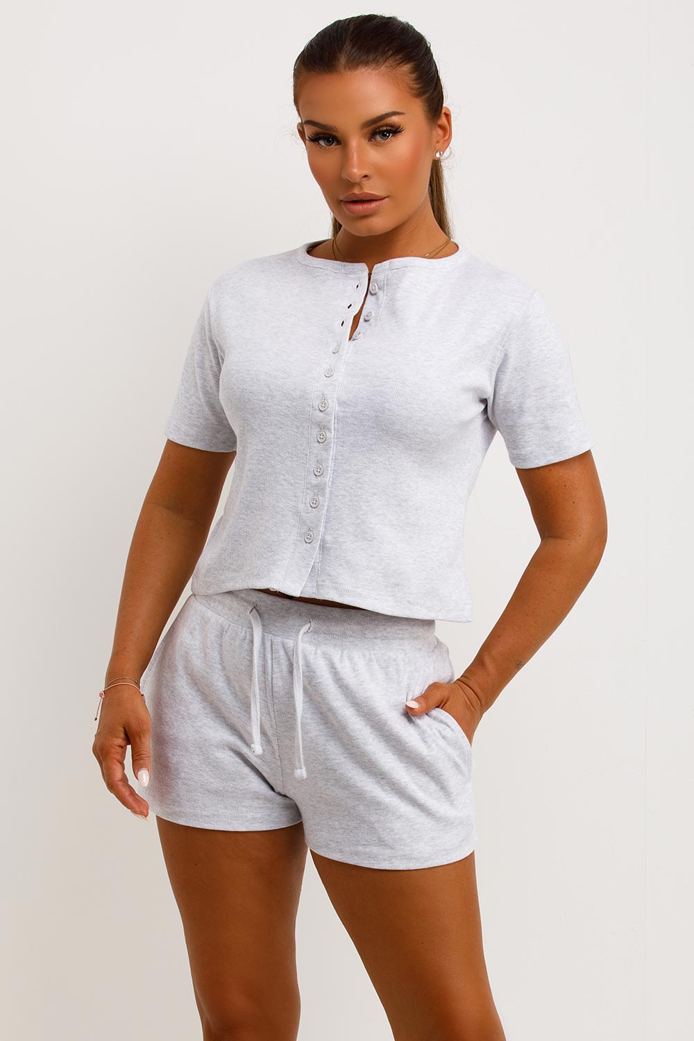 Rib Button Up Top and Shorts Tracksuit Set Grey | Xtralitty