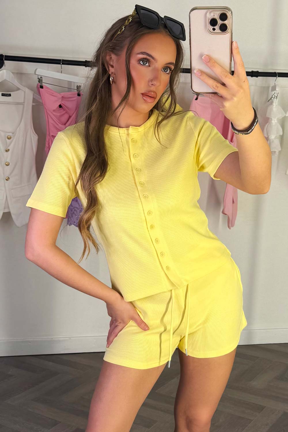 Rib Button Up Top and Shorts Tracksuit Set Yello | Xtralitty