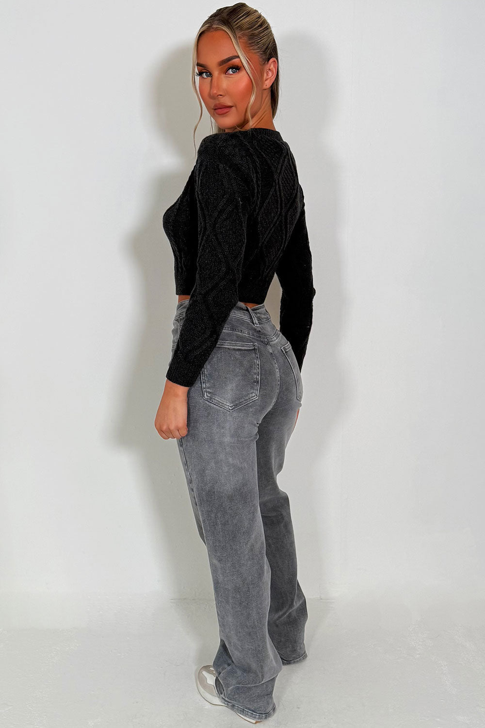 Cable Knit Jumper Cropped Charcoal | Xtralitty