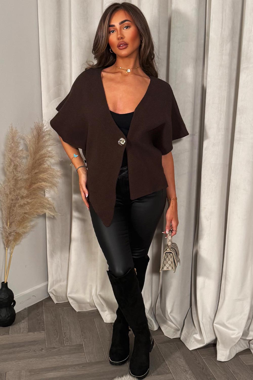 Brown Cape Cardigan with Gold Button | Xtralitty
