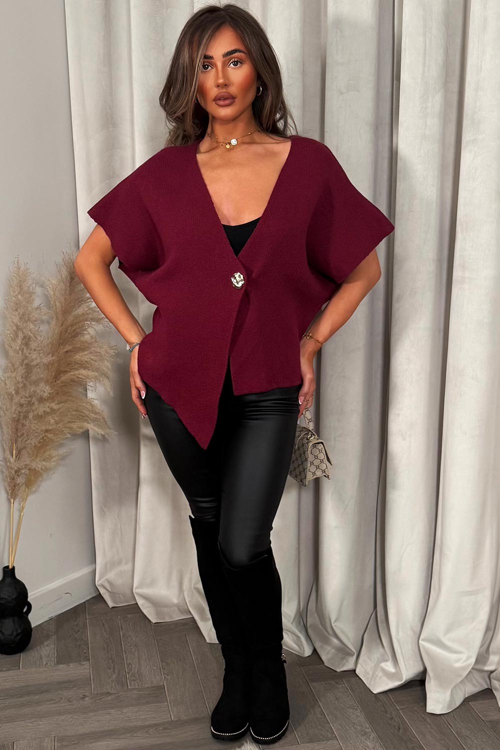 Burgundy Cape Cardigan with Gold Button | Xtralitty