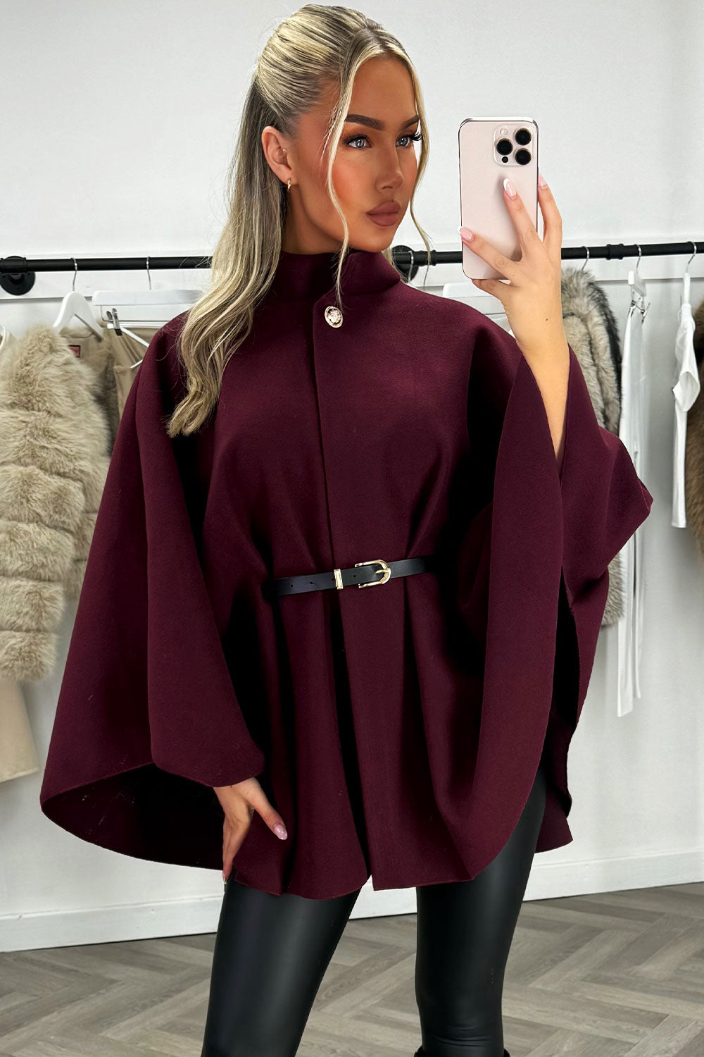 Cape with Belt and Button Burgundy Poncho | Xtralitty