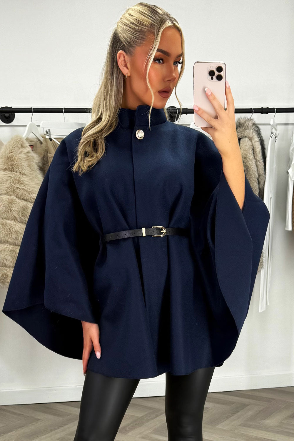 Cape with Belt and Button Navy Poncho | Xtralitty