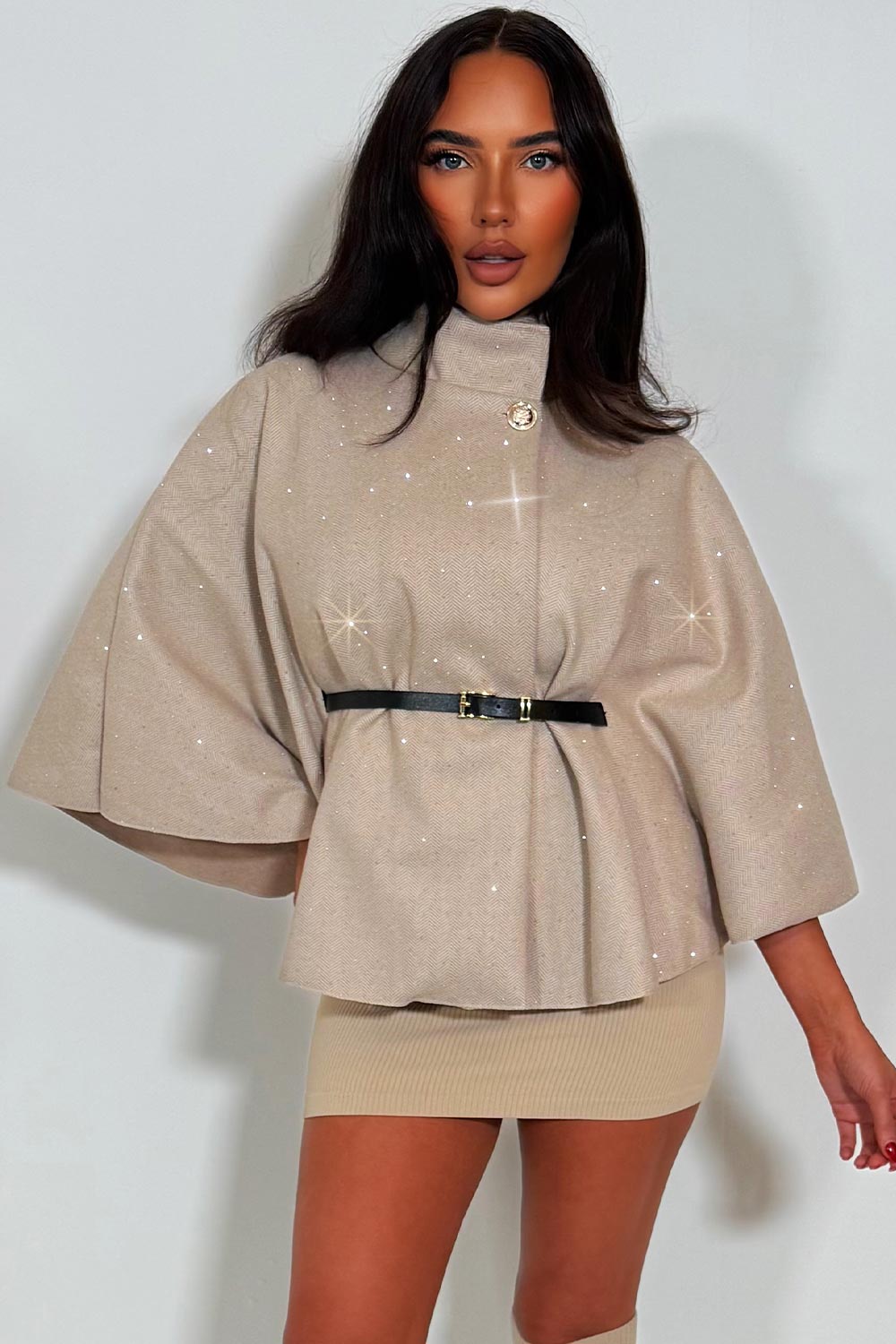 Cape with Diamante Rhinestone Belt Beige | Xtralitty