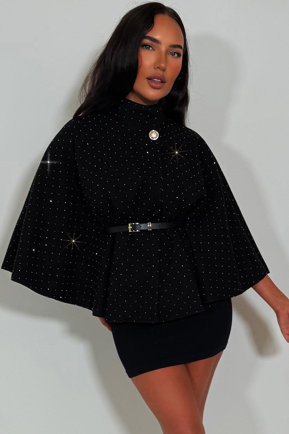 Cape with Diamante Rhinestone Belt Black | Xtralitty