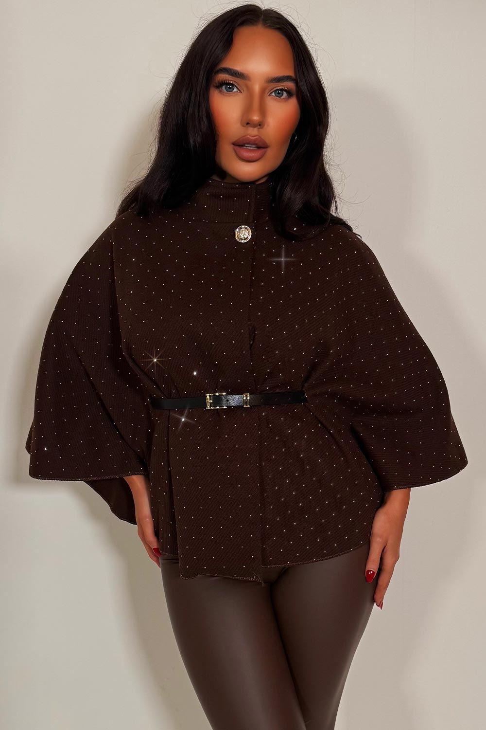 Cape with Diamante Rhinestone Belt Brown | Xtralitty