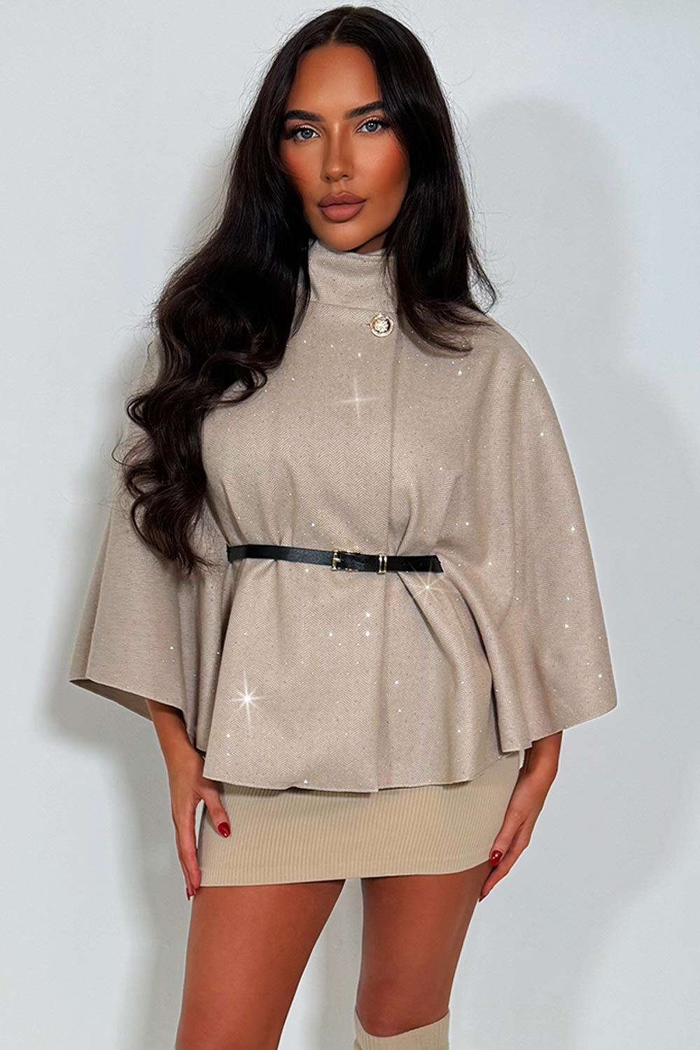 Cape with Diamante Rhinestone Belt Beige | Xtralitty