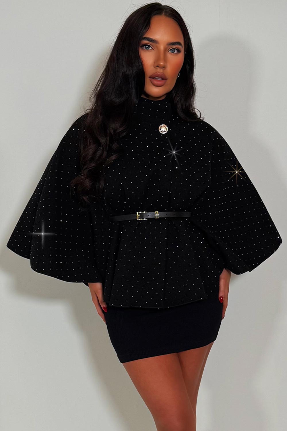Cape with Diamante Rhinestone Belt Black | Xtralitty