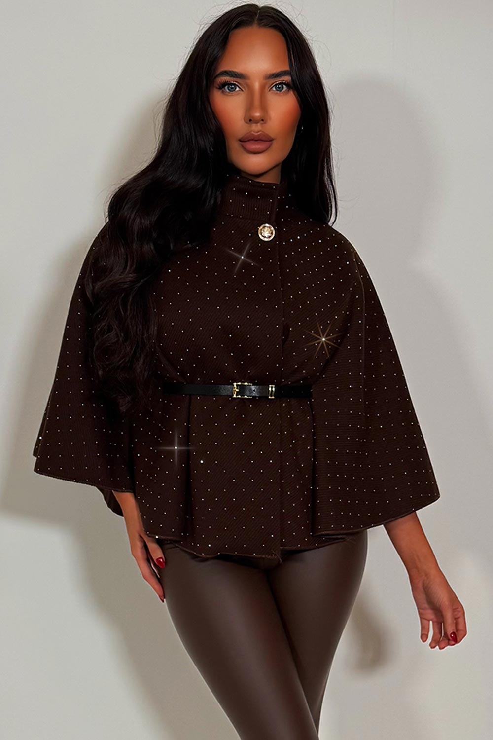 Cape with Diamante Rhinestone Belt Brown | Xtralitty