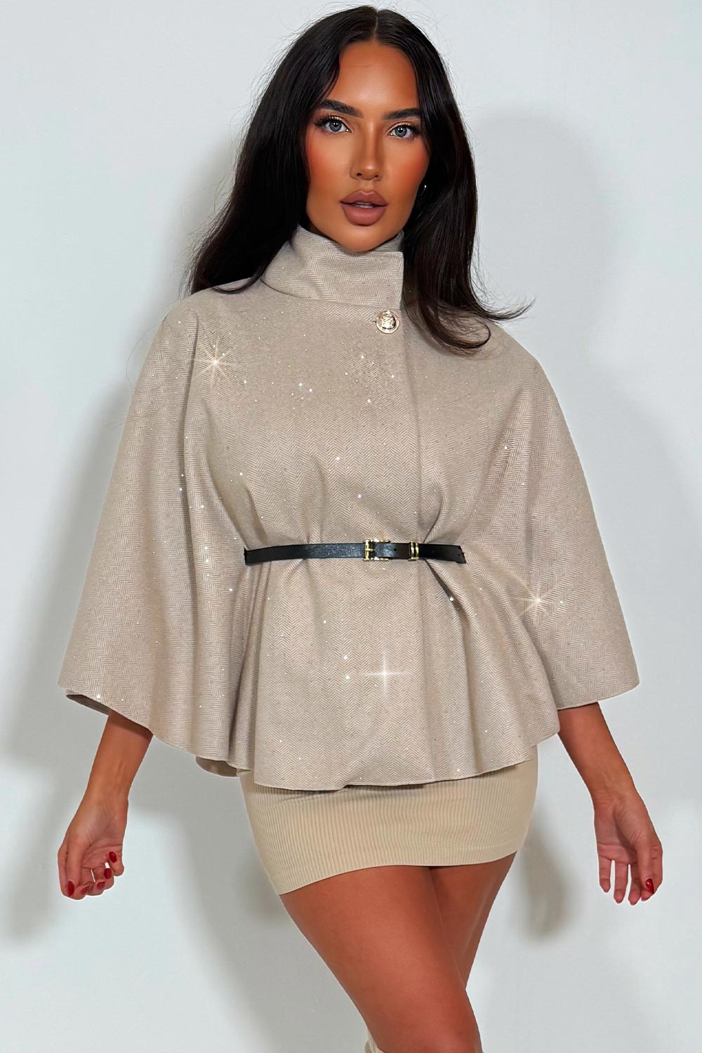 Cape with Diamante Rhinestone Belt Beige | Xtralitty