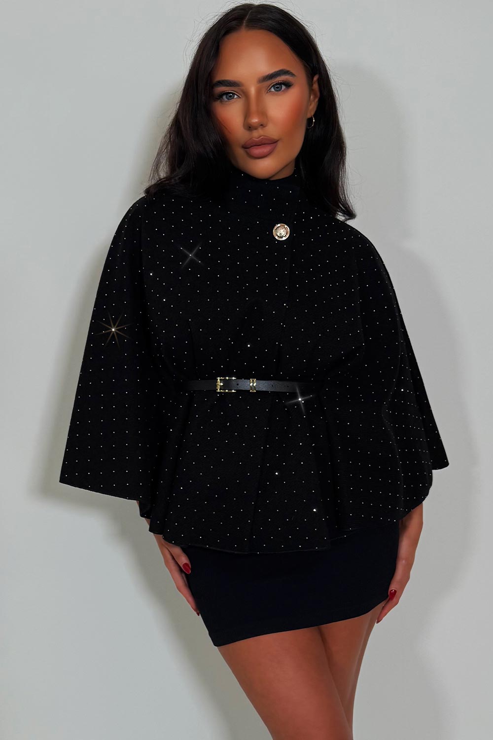 Cape with Diamante Rhinestone Belt Black | Xtralitty