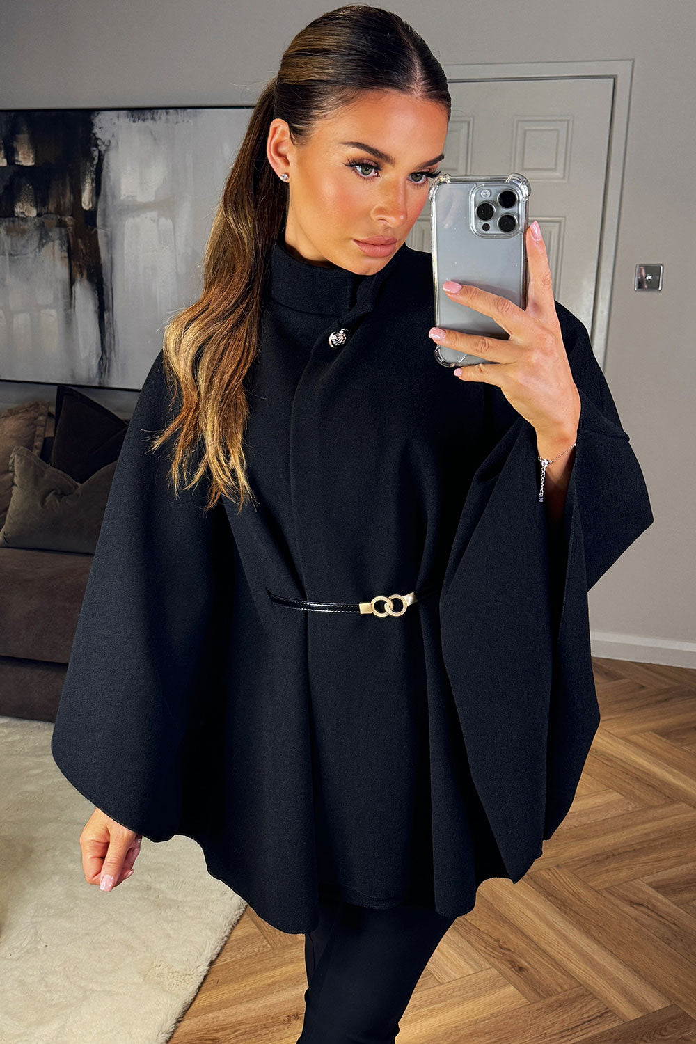 Cape with Belt and Button Black Poncho | Xtralitty