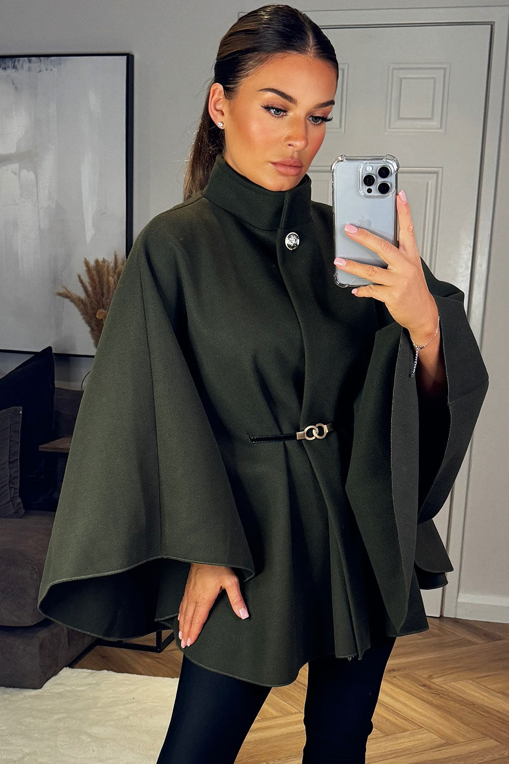 Cape with Belt and Button Khaki Poncho | Xtralitty