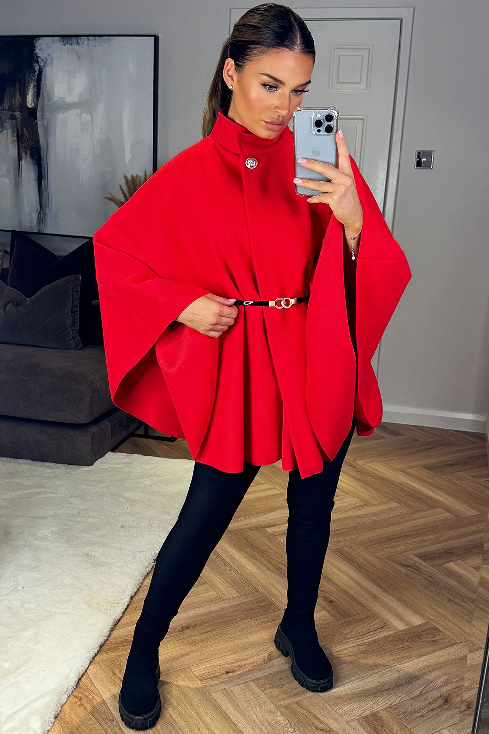 Cape with Belt and Button Red Poncho | Xtralitty