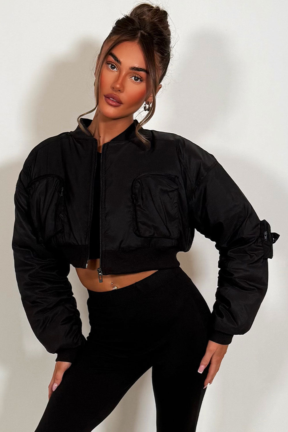 Crop Bomber Jacket with Pockets Black | Xtralitty