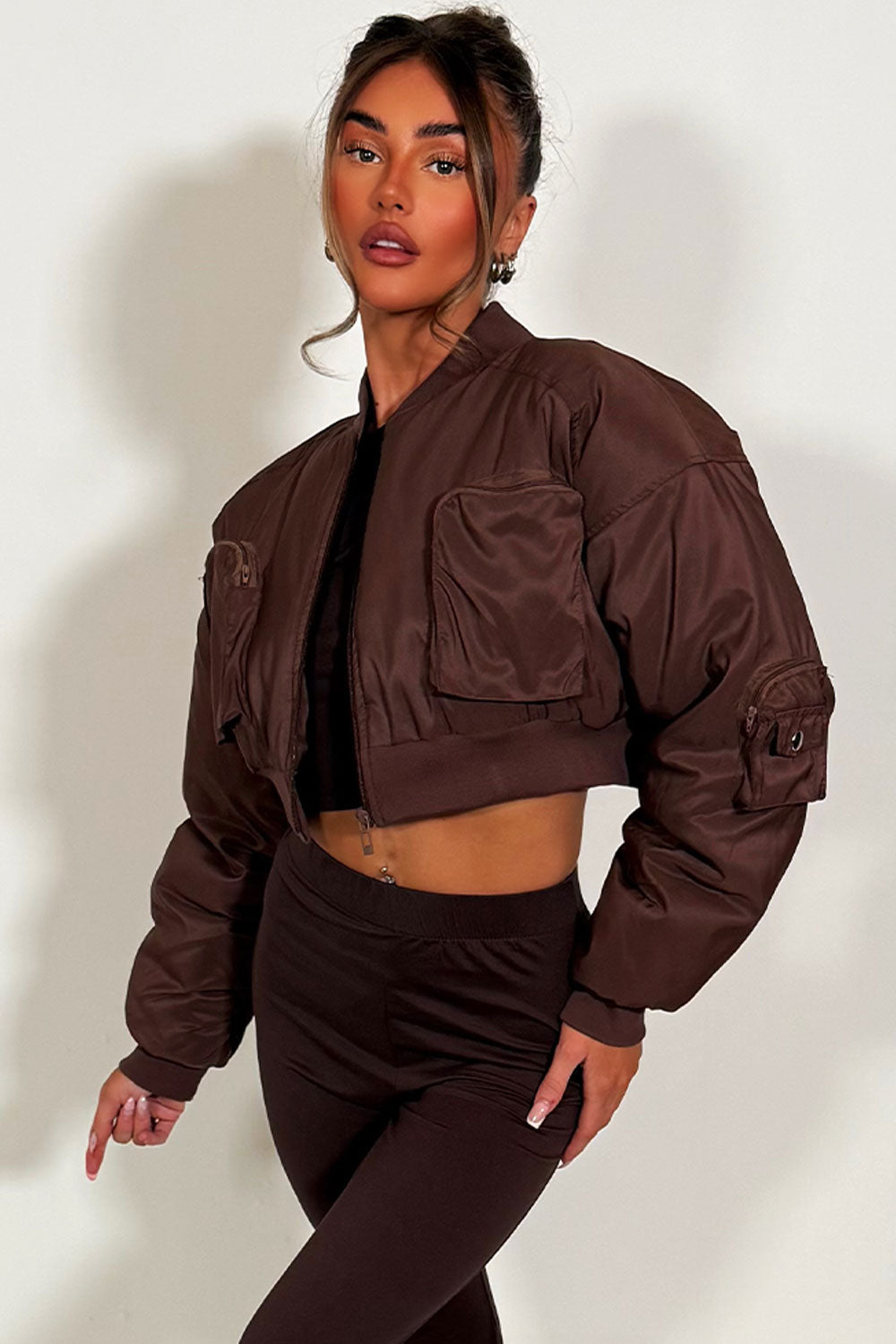 Crop Bomber Jacket with Pockets Brown | Xtralitty