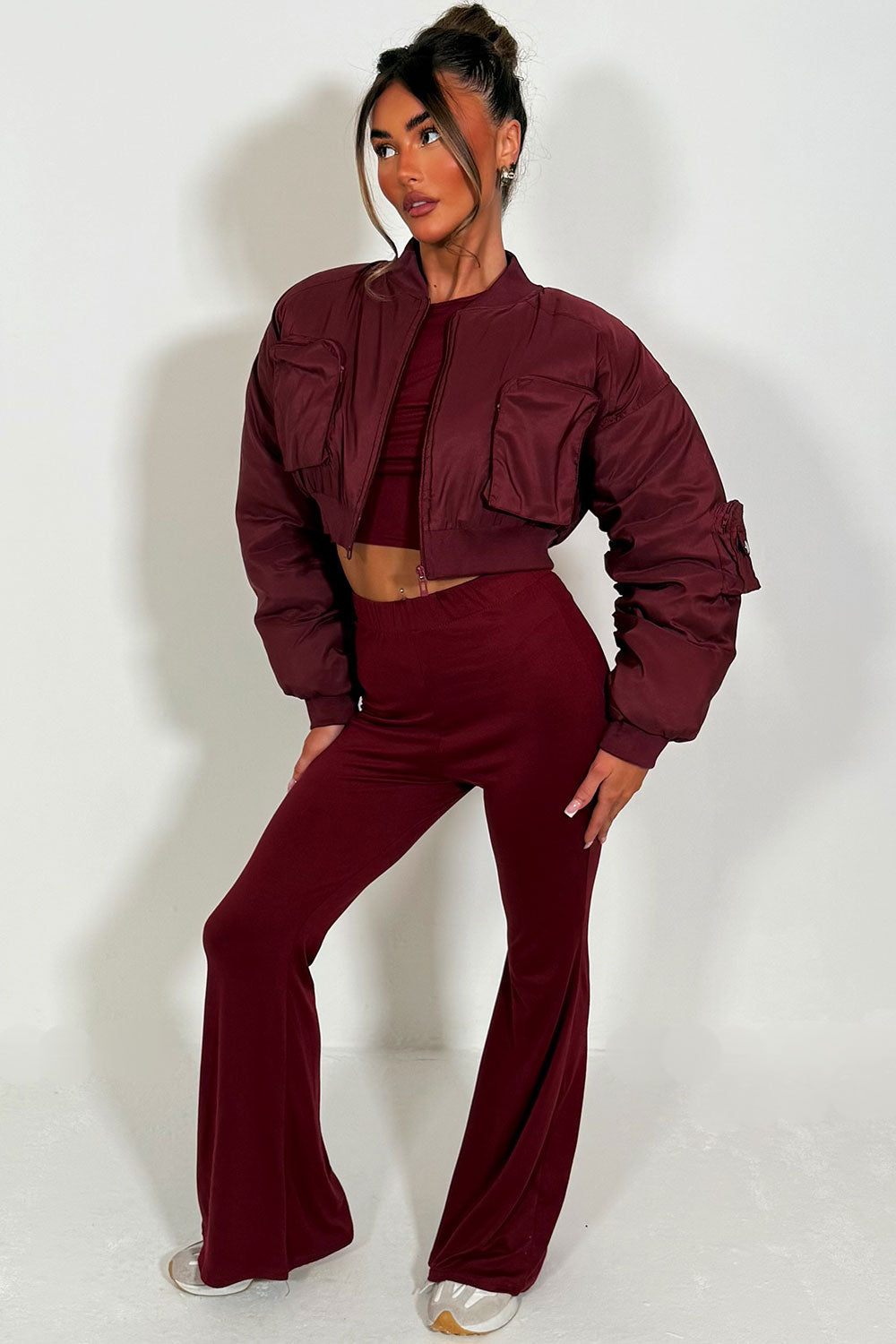 Crop Bomber Jacket with Pockets Burgundy | Xtralitty