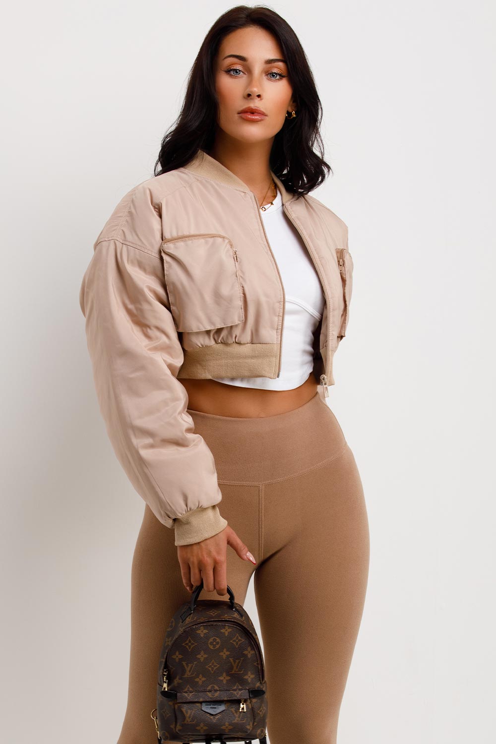 Crop Bomber Jacket with Pockets Beige | Xtralitty