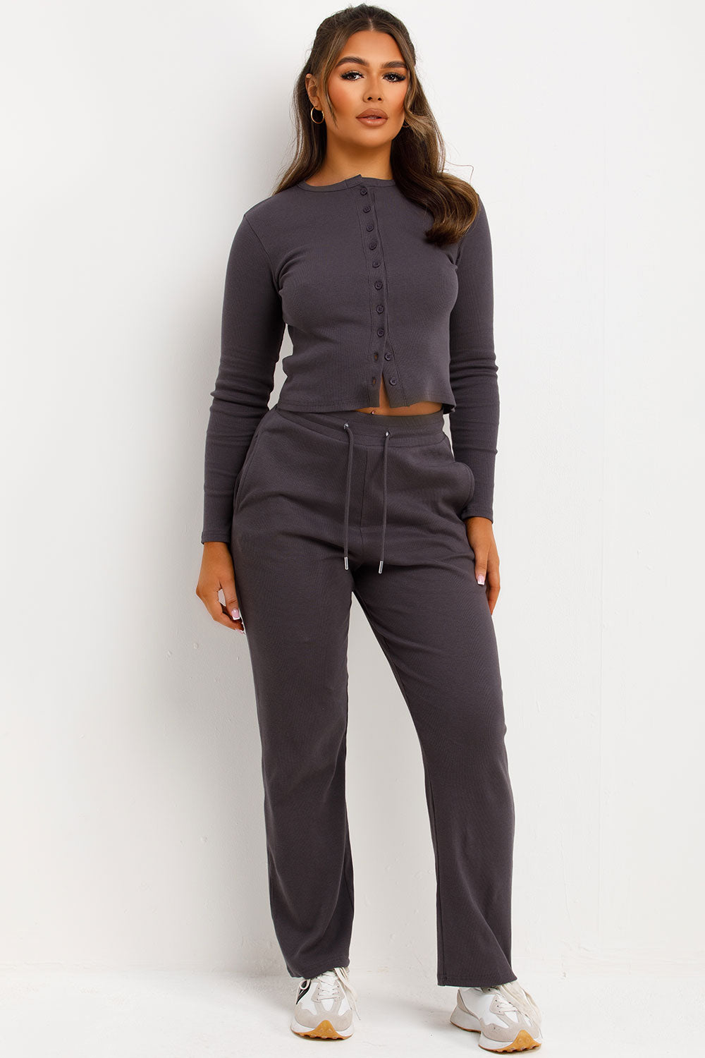 Rib Button Up Long Sleeve Top and Trouser Lounge | Xtralitty