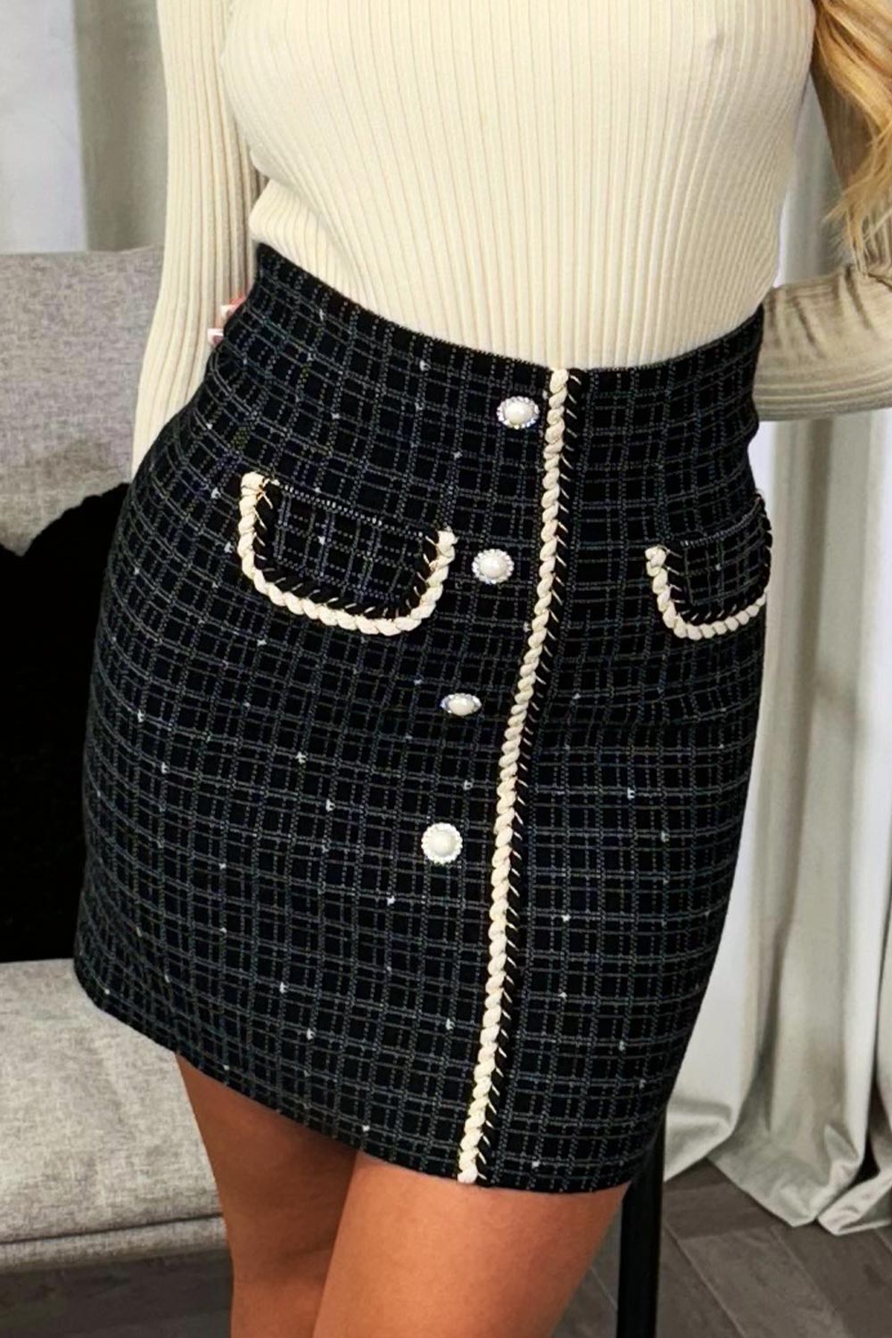 Checkered Knitted Skirt with Pearl Embellishment | Xtralitty