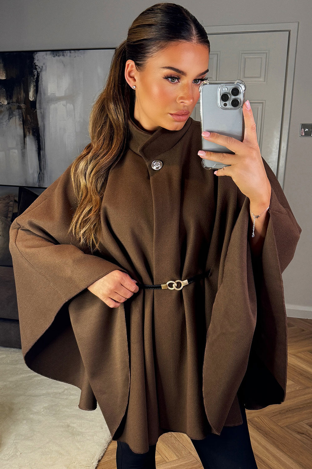 Cape with Belt and Button Brown Poncho | Xtralitty