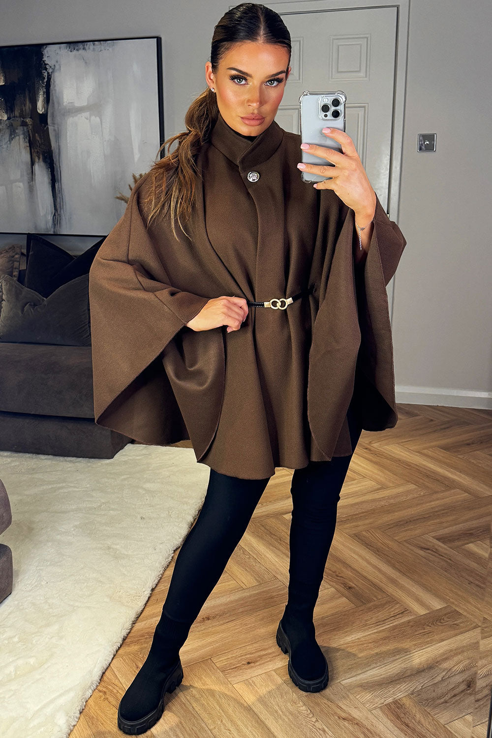 Cape with Belt and Button Brown Poncho | Xtralitty