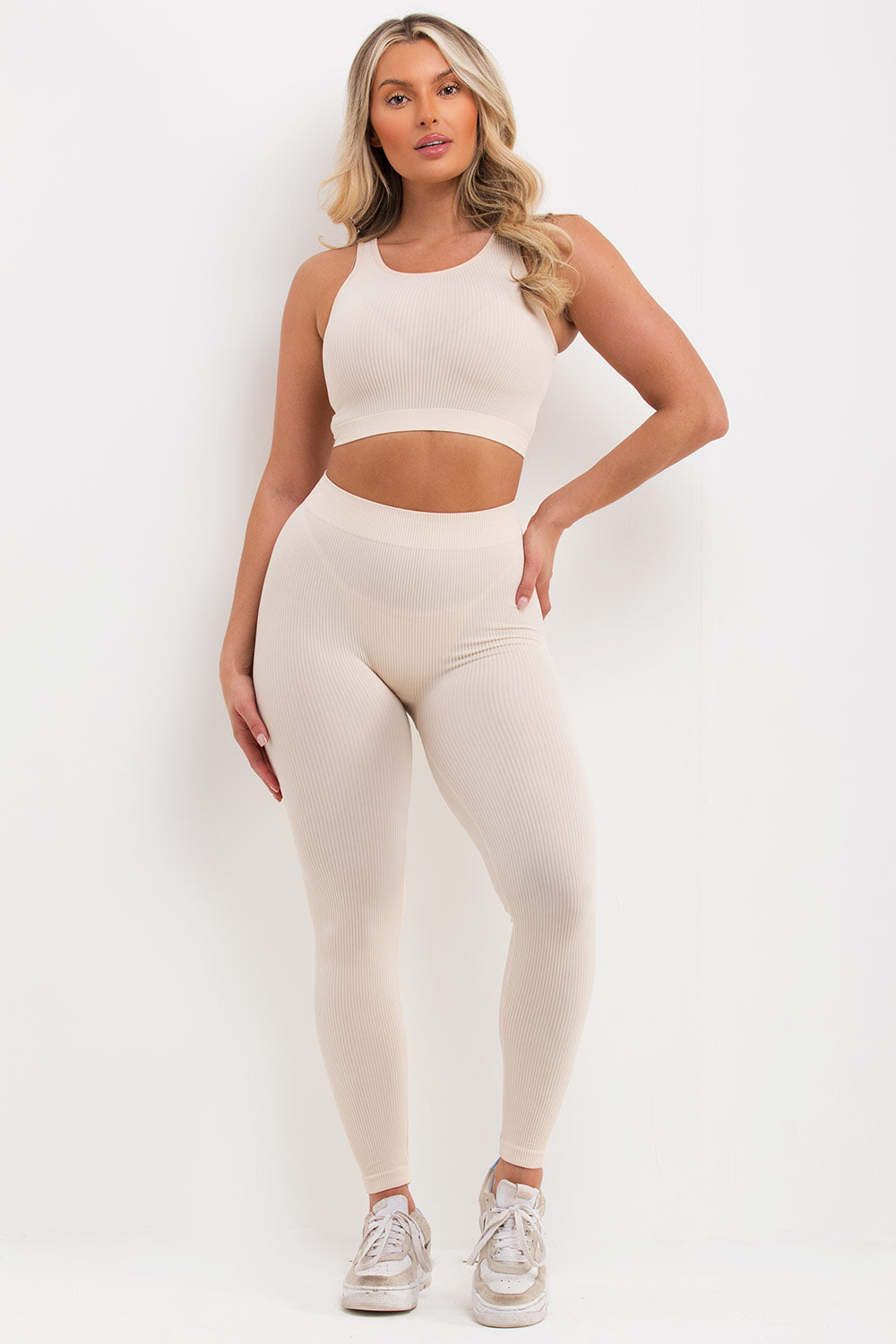 Ribbed Leggings and Crop Top Co Ord Set Beige | Xtralitty