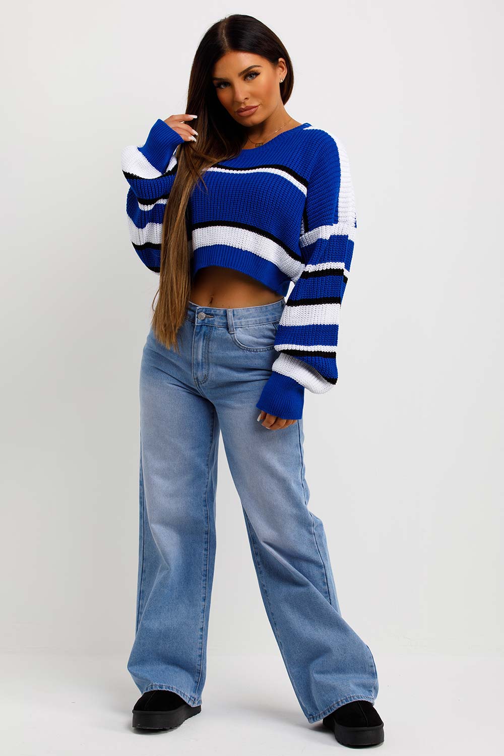 Crop Knitted Jumper with Stripes Royal Blue | Xtralitty