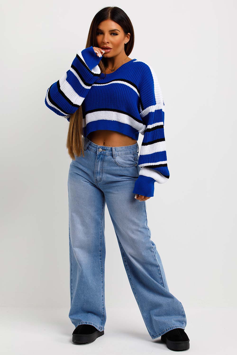 Crop Knitted Jumper with Stripes Royal Blue | Xtralitty