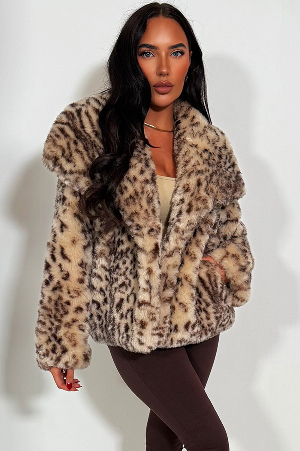 Faux Fur Jacket in Beige Leopard Print | Xtralitty