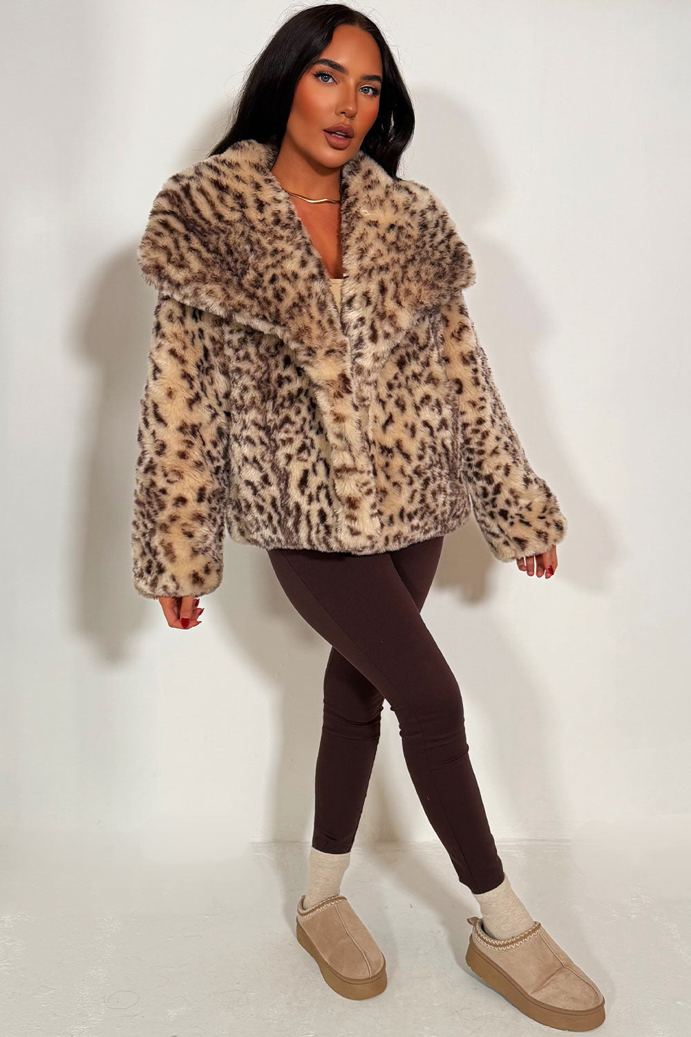 Faux Fur Jacket in Beige Leopard Print | Xtralitty